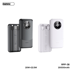 Pin sạc nhanh 22.5W Remax RPP-38, dung lượng 20.000mAh, kèm 2 cáp liền thân, có màn hình led hiển thị % pin chính hãng [BH: 1 NĂM]