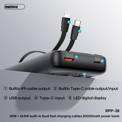 Pin sạc nhanh 22.5W Remax RPP-38, dung lượng 20.000mAh, kèm 2 cáp liền thân, có màn hình led hiển thị % pin chính hãng [BH: 1 NĂM]