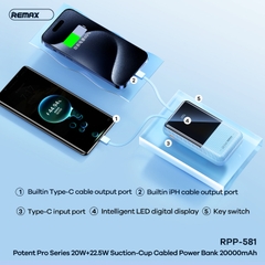 Pin sạc nhanh 22.5w Remax RPP-581, dung lượng 20.000mAh QC3.0+ PD22.5W kèm cáp liền pin đế hít, có màn hình led hiển thị chính hãng [BH: 1 NĂM]