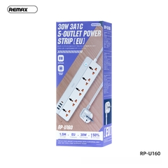 Ổ cắm điện REMAX RP-U160 (EU- Chân tròn)  sạc nhanh 30w 3 cổng usb vs 1 cổng type-c vs 5 lỗ cắm 2500w dây dài 1.5m chính hãng [BH 1 năm] 9l5c1