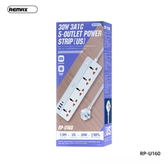 Ổ cắm điện REMAX RP-U160 (US- chân dẹp)  sạc nhanh 30w 3 cổng usb vs 1 cổng type-c vs 5 lỗ cắm 2500w dây dài 1.5m chính hãng [BH 1 năm]