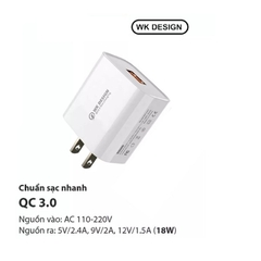 Cóc sạc nhanh 18w Wekome WP-U57 QC3.0 (1 cổng usb) chính hãng [BH 1 năm]