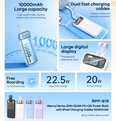 Pin sạc nhanh 22.5w Remax RPP-619 10.000mAh dự phòng PD QC3.0 chính hãng, kèm cáp liền pin, trong suốt lộ mạch [BH 1 năm]