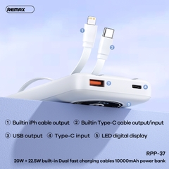 Pin sạc nhanh 22.5w REMAX RPP-37 10.000mAh dự phòng kèm cáp liền pin chính hãng [BH 1 năm]