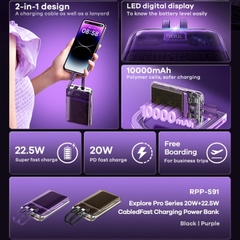 Pin sạc nhanh 22.5w REMAX RPP-591 10.000mAh dự phòng kèm cáp liền pin, trong suốt lộ mạch chính hãng - BH 1 năm