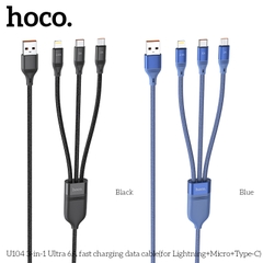 Cáp sạc nhanh 66w 3 đầu HOCO U104 Qc3.0 1.2m đa năng chính hãng (usb ra iPhone Lightning, Samsung Micro, Type C) [BH 1 năm]