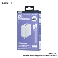 Bộ sạc nhanh 20w Remax RP-U120 (C-L US) cóc 1 cổng type c vs 1 cổng usb kèm cáp c-l (type c ra iphone) chính hãng [BH 1 Năm]