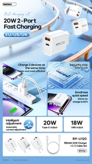 Bộ sạc nhanh 20w Remax RP-U120 EU (C-C) cóc 1 cổng typec vs 1 cổng usb kèm cáp 2 đầu typec chính hãng [BH 1 Năm]