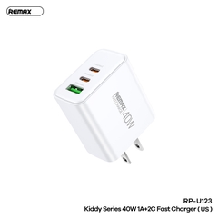 Cóc sạc nhanh 40w Remax RP-U123 US chân dẹp chính hãng {1 cổng USB QC3.0+ 2 cổng Type C 40w} [BH: 1 Năm]