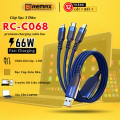 Cáp sạc nhanh 6A 66w Remax 3 đầu RC-C068 đa năng chính hãng [BH 1 năm]