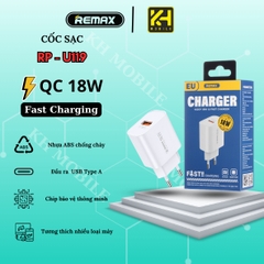 Cóc sạc nhanh 18w Remax RP-U119 US (CHÂN DẸP) 1 cổng usb chính hãng [BH: 1 NĂM]