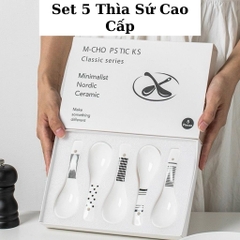 Bộ quà tặng 5 muỗng sứ họa tiết trắng đen [BH: NONE]