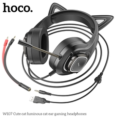 Tai nghe có dây 3.5 Headphone Chụp tai Gaming HOCO W107 tai mèo phát sáng hình chú mèo dễ thương có dây chính hãng [BH 1 NĂM]