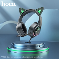 Tai nghe có dây 3.5 Headphone Chụp tai Gaming HOCO W107 tai mèo phát sáng hình chú mèo dễ thương có dây chính hãng [BH 1 NĂM]