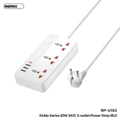 Ổ cắm điện REMAX RP-U153 (EU) sạc nhanh 20w 3 cổng usb vs 1 cổng type-c vs 3 lỗ cắm 2500w dây dài 1.5m chính hãng [BH 1 năm]