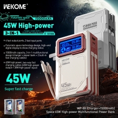 Pin sạc nhanh 45W 3in1 WEKOME WP-88 15.000mAh, có màn hình LCD hiển thị % pin, cáp liền thân, có chấu sạc ghim sạc trực tiếp tiện lợi [BH: 1 năm]