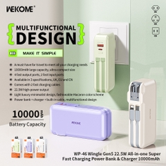 Pin sạc dự phòng WEKOME WP-46 10000mAh sạc kèm 2 cáp TypeC và Iphone (4 đầu ra 2 đầu vào) chính hãng