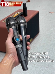 Loa kéo di động T18 mini loa 2 Bass thùng gỗ kèm 2 micro vỏ nhôm UHF siêu hút không dây hát karaoke siêu hay thùng gỗ [BH 6 tháng]