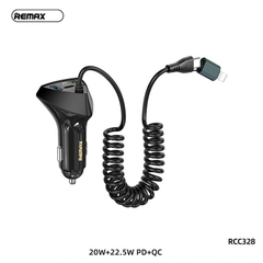 Cóc sạc nhanh xe hơi 22.5W Remax RCC328 (2 cổng usb, 1 cổng type c) PD+QC 20W tẩu sạc tích hợp cáp xoắn đa năng type c vs iphone lightning siêu đẹp chính hãng [BH 1 năm]