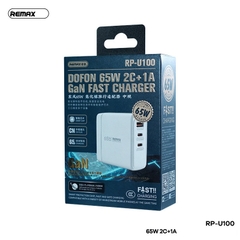 Cóc sạc nhanh 65W Remax RP-U100 GaN 3 Cổng (2 cổng Type C PD65W+ 1 Cổng USB QC3.0) Chính hãng [BH: 1 NĂM]