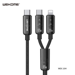 Cáp sạc nhanh 65w đa năng Wekome WDC-194 2 in 1 (1 đầu C ra 2 đầu L vs C) (Type C ra iPhone Lightning vs Type-C - như 2 đầu type c) chính hãng [BH 1 năm]