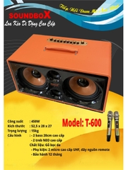 Loa kéo SoundBox T-600 450w 2 bass 20cm gỗ bọc da cao cấp kèm 2 micro UHF không dây hát karaoke T600 [BH 1 năm]