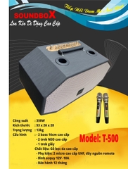 Loa kéo SoundBox T-500 350w 2 bass 16cm gỗ bọc da cao cấp kèm 2 micro UHF không dây hát karaoke T500 [BH 1 năm]