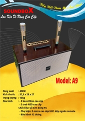 Loa kéo SoundBox A9 450w 2 bass 20cm gỗ sơn bóng PU cao cấp kèm 2 micro UHF không dây hát karaoke [BH 1 năm]