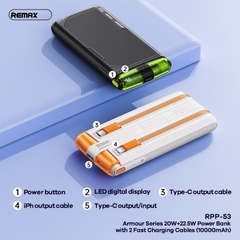 Pin sạc nhanh 22.5w REMAX RPP-53 10.000mAh dự phòng PD QC3.0 kèm cáp liền pin chính hãng [BH 1 năm]