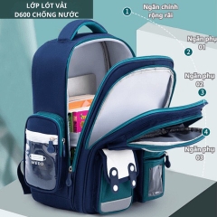 Balo chống gù D600 kèm thú bông treo chống nước họa tiết hoạt hình cho bé [BH: NONE]