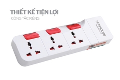 Ổ cắm điện Sunhouse OC1-3R gồm 3 ổ cắm công tắc riêng biệt  [BH: 1 Tuần]