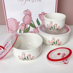 Bộ 3 thố sứ TULIP chén có nắp đậy, úp mì, đựng thức ăn tiện lợi [BH: NONE]
