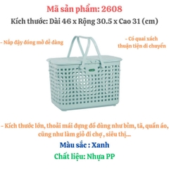 Giỏ nhựa chữ nhật VN2608 có quai xách nắp đậy đựng quần áo, đồ đi sanh cho mẹ bỉm (lán nhựa) [BH: NONE]