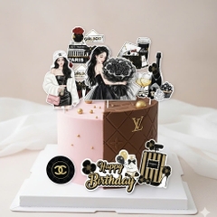 Combo 2 set giấy - cô gái ôm bó hoa đen và HPBD chùm bóng.