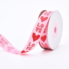 Ruybang gân 1cm x10m - chữ LOVE in trái tim đỏ nến hồng.
