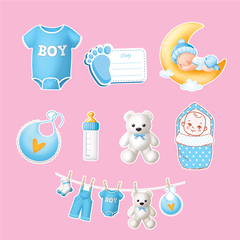 Combo 2 set giấy  - bé TRAI nằm trăng ngủ, dây quần áo, bảng viết chữ (XANH).