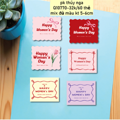 60 thẻ giấy Happy Women's day hình chữ nhật mix màu hồng-đỏ-tím-vàng (kt 5x6cm).