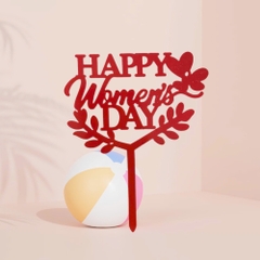 Set 10 mica women's day chữ in gắn lá 2 bên-MÀU ĐỎ.