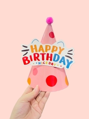 Set 10 mũ 3D cán bóng giấy đẹp kt dk 13cmx cao 20cm -nền HỒNG + chấm bi đỏ hồng vàng (gắn chữ HPBD) M32.
