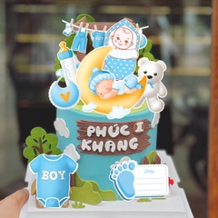 Combo 2 set giấy  - bé TRAI nằm trăng ngủ, dây quần áo, bảng viết chữ (XANH).