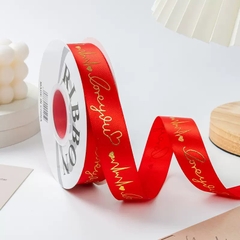 Ruybang lụa 2.5cm x 35m chữ love you gắn trái tim nhũ vàng - màu ĐỎ TƯƠI.