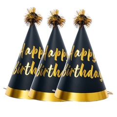 set 10 Mũ sinh nhật gắn quả bông ép kim-MÀU VÀNG ĐEN (có chữ HPBD) kt 11x17cm.