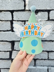 Set 10 mũ 3D cán bóng giấy đẹp kt dk 13cmx cao 20cm -nền xanh mint +chấm bi xanh dương (gắn chữ HPBD) M31.