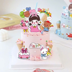Combo 2 set giấy - bé GÁI áo hồng cầm bông hoa + cầu vồng + bánh sinh nhật.
