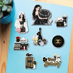 Combo 2 set giấy - cô gái ôm bó hoa đen và HPBD chùm bóng.