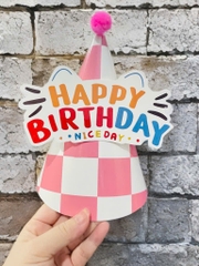 Set 10 mũ 3D cán bóng giấy đẹp kt dk 13cmx cao 20cm -CARO HỒNG TRẮNG (gắn chữ HPBD) M34.
