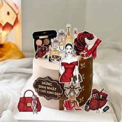Combo 5 set giấy SX- cô gái váy đỏ búi tóc (găng tay và bộ trang điểm).