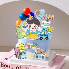 Combo 2 set giấy - bé TRAI đội mũ cầm kẹo mút + ô tô + bánh sinh nhật.