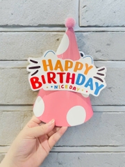 Set 10 mũ 3D cán bóng giấy đẹp kt dk 13cmx cao 20cm -nền HỒNG +CHẤM BI TRẮNG (gắn chữ HPBD) M35.