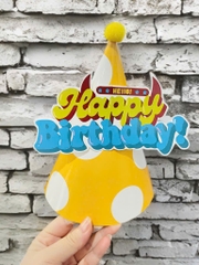 Set 10 mũ 3D cán bóng giấy đẹp kt dk 13cmx cao 20cm -NỀN VÀNG CHẤM BI TRẮNG (gắn chữ HPBD).M42